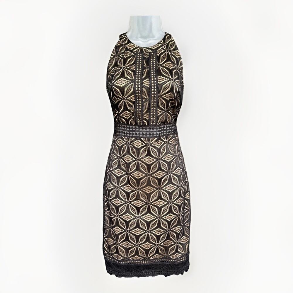 Dress Forum LA Halter Neck Bodycon Lace Overlay Dress Sz Med Nude Lining Evening